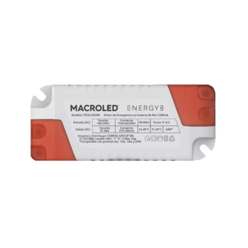 DRIVER DE EMERGENCIA 6W, 12W, 18W, 24W MACROLED AC180-265V