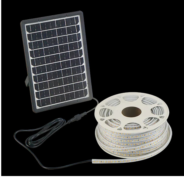 TIRA DE LED SOLAR 10MT 2700K LUZ CALIDA IP65 PANEL SOLAR MONOCRISTALINO DE 4.5W 5V - BATERIA DE 4AH 3.2V C/CONTROL REMOTO