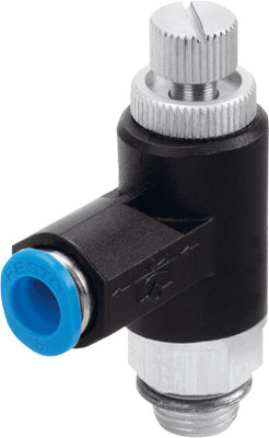[*81077] (DISCONT. - DESCATALOGADO) VALVULA ESTRANG-ANTIRRET GRLA-1/4-QS-8-RS-B / FORMA L / CONEX NEU G1/4 - RACOR 8MM / AJUSTE TORNILLO MOLETEADO / ESTRANG ESCAPE