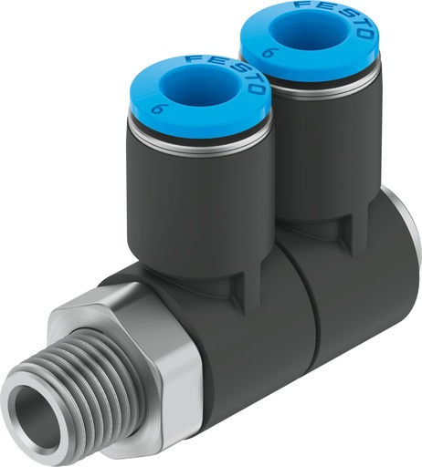 [QSLV2-1/4-8] RACOR DISTRIBUIDOR FORMA L / ROSCA R1/4 - RACOR 8MM - 2 SALIDAS ORIENTABLES