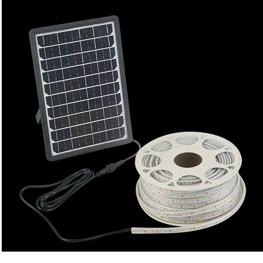 [112814] TIRA DE LED SOLAR 10MT 2700K LUZ CALIDA IP65 PANEL SOLAR MONOCRISTALINO DE 4.5W 5V - BATERIA DE 4AH 3.2V C/CONTROL REMOTO
